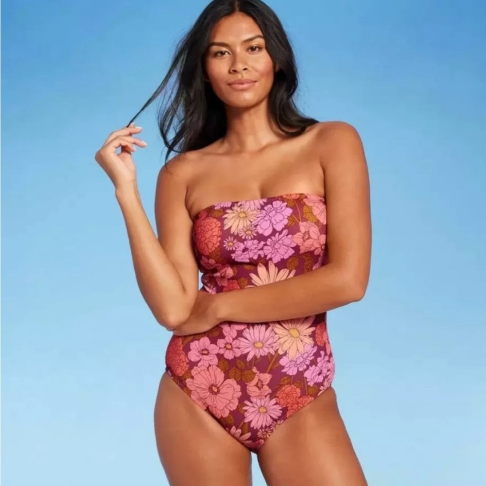 Kona Sol Pink Brown Orange Floral Print One Piece Swimsuit NWOT